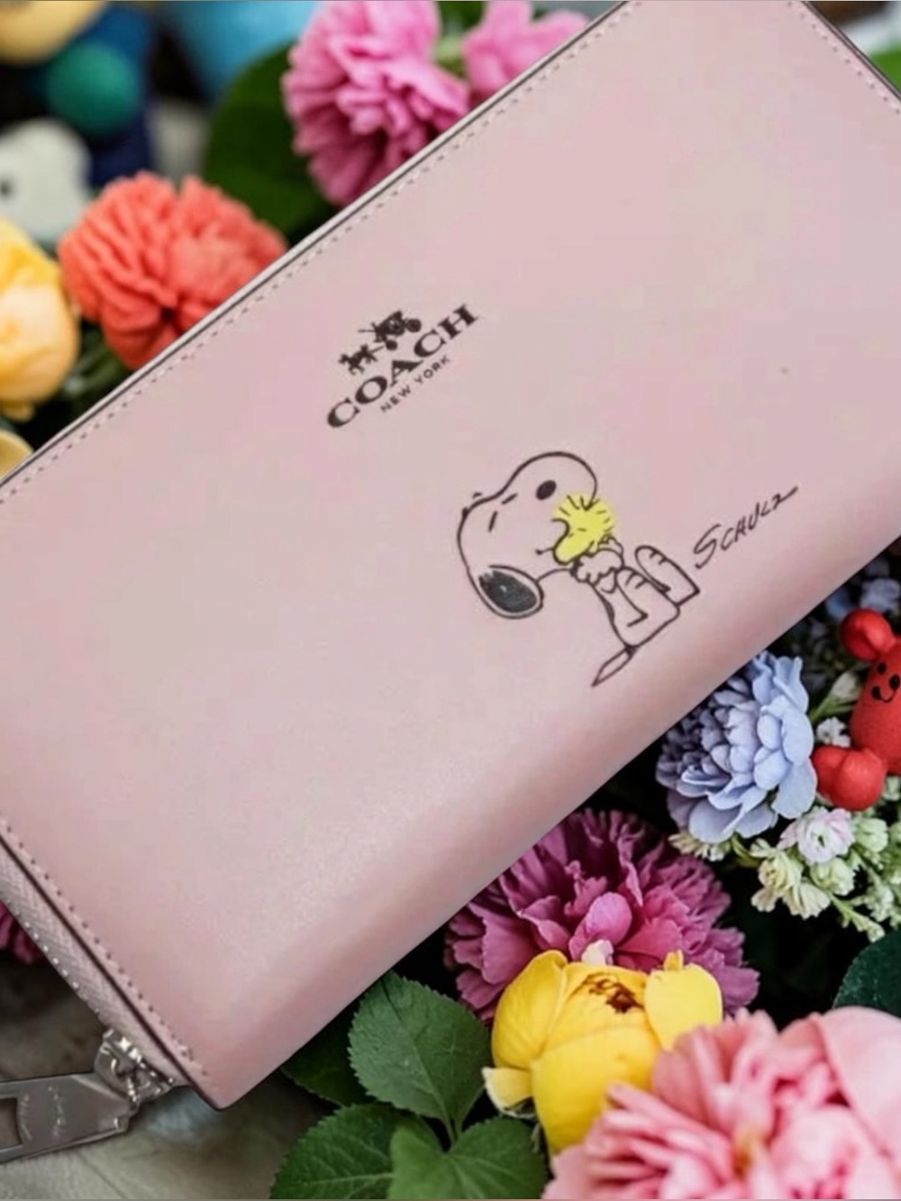 Coach x peanuts snoopy Woodstock leather long zip PINK wallet DUST BAG